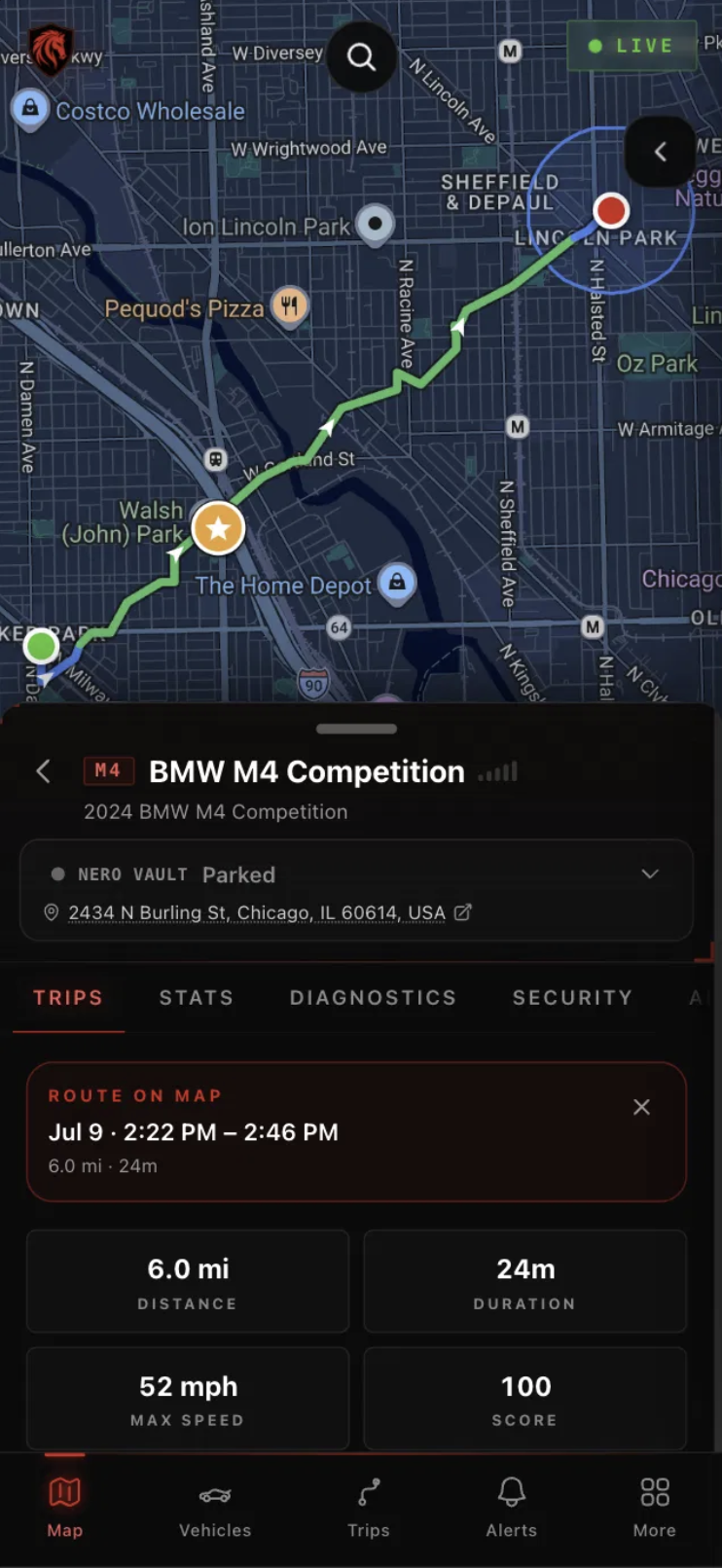 Corsa Nero mobile app dashboard